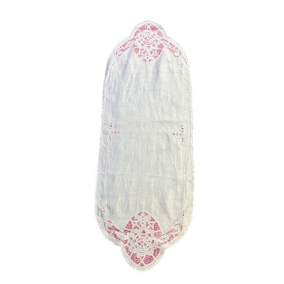 Vintage Linen Table Runner Cream Pink Cutwork Embroidered Floral Lace 45” Used - Picture 4 of 16
